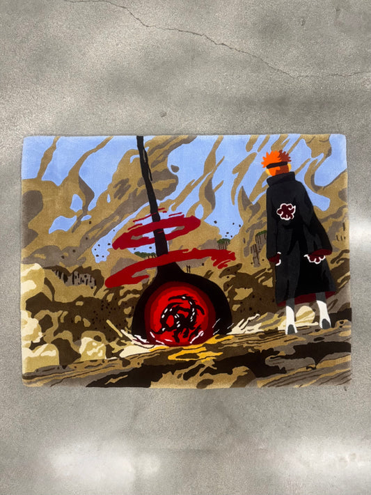 Hand-tufted Five Tails Battle Rug: Pain facing Naruto's tailed-beast form in the crater of the Hidden Leaf