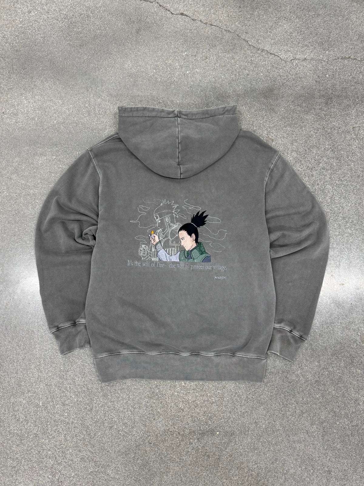 Legacy of the Flame gray hoodie laid flat, back view with embroidered Shikamaru and Asuma scene